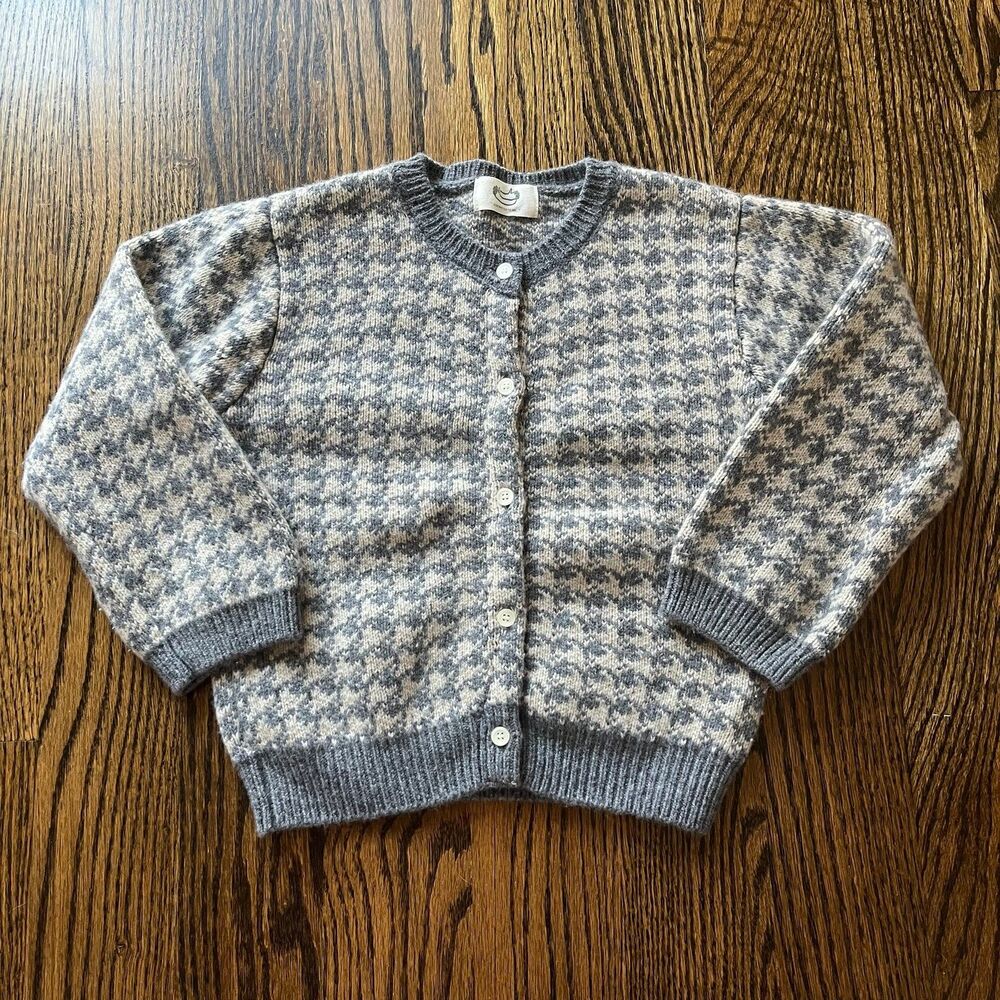 100% Wool Gray&White Houndstooth Knit Button Up Cardigan Sweater (110cm 3-4Y)